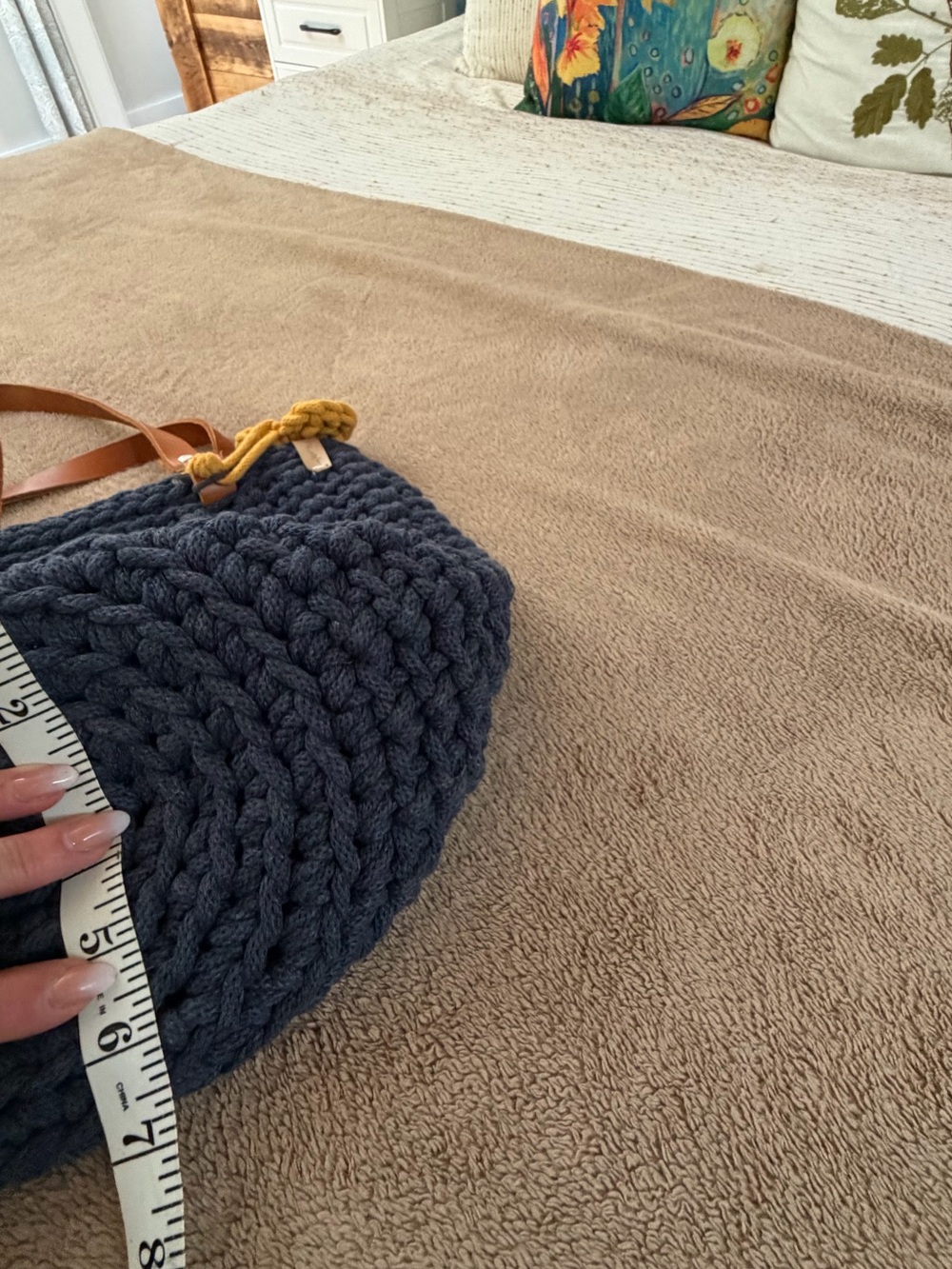 Navy Crochet Tote with Tan Leather Straps and Mustard Heart Accent - Picture 8 of 8